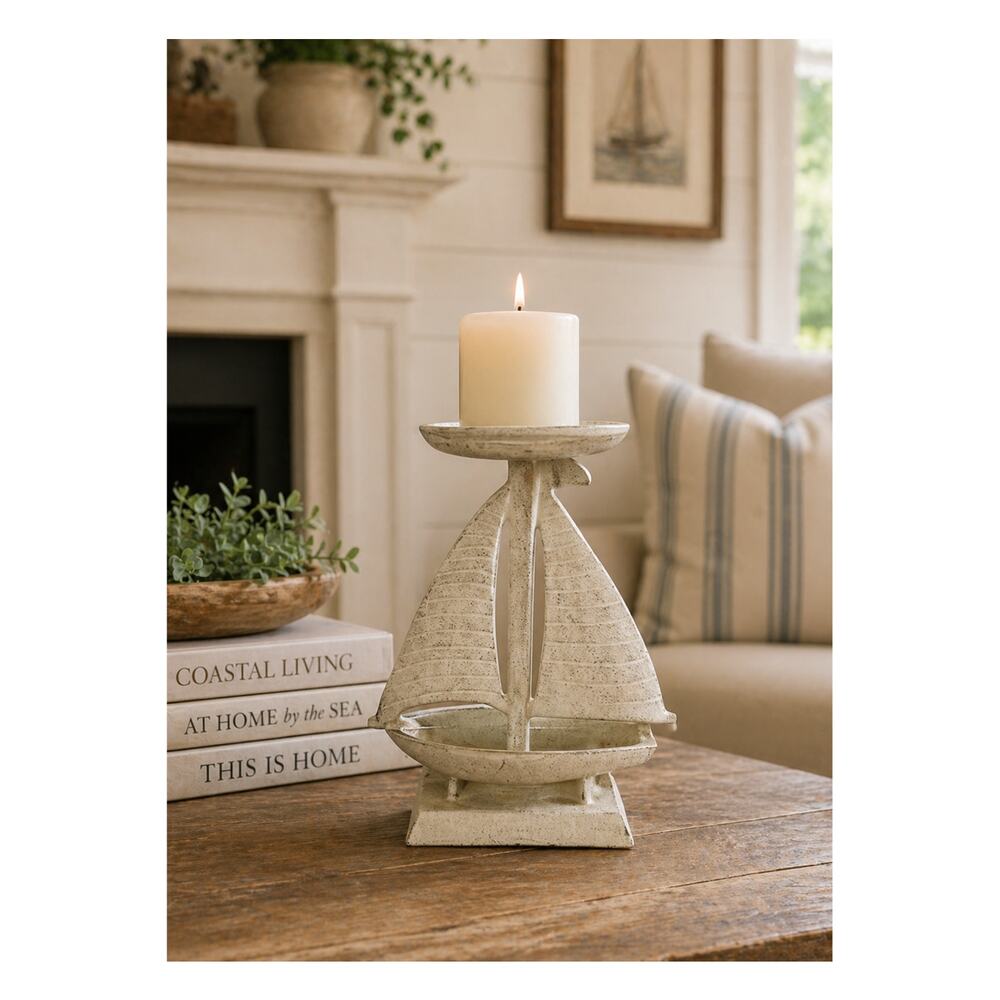 Vintage Cast Iron Sailboat Taper Candle Holder White 8" High x 6.5" Wide x 3.5"